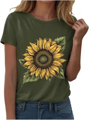 Summer Tops for Women 2025 Sunflower T Shirt Flower Graphic Loose Fit Classic Crewneck Short Sleeve Tops