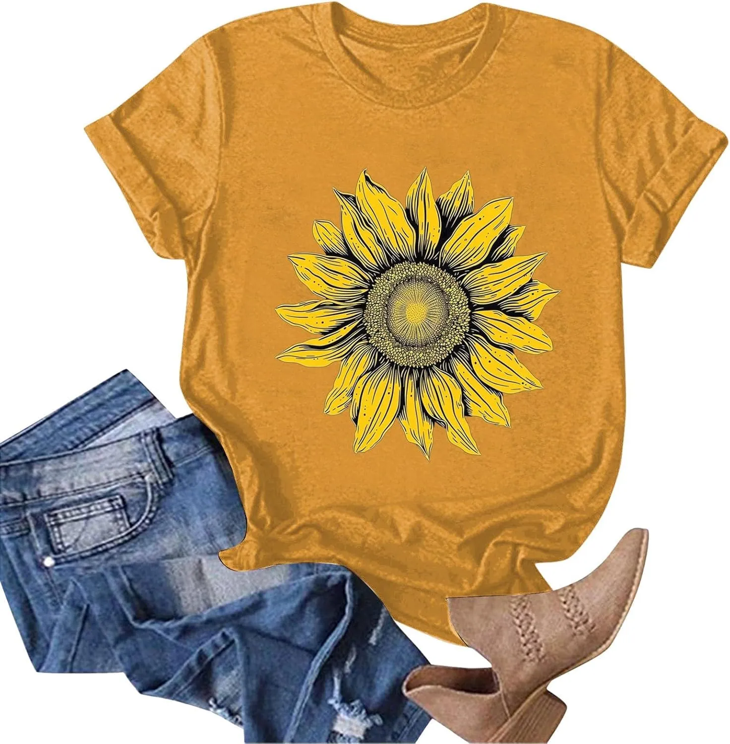 Summer Tops for Women 2025 Sunflower T Shirt Flower Graphic Loose Fit Classic Crewneck Short Sleeve Tops