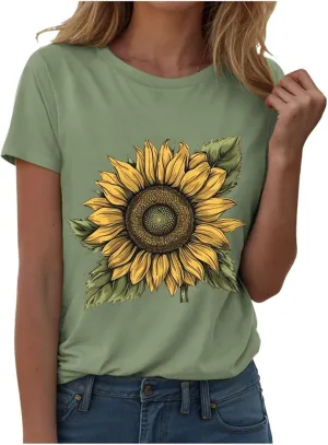 Summer Tops for Women 2025 Sunflower T Shirt Flower Graphic Loose Fit Classic Crewneck Short Sleeve Tops
