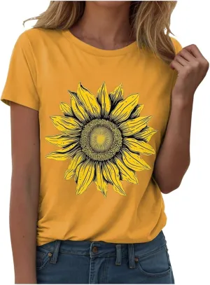 Summer Tops for Women 2025 Sunflower T Shirt Flower Graphic Loose Fit Classic Crewneck Short Sleeve Tops