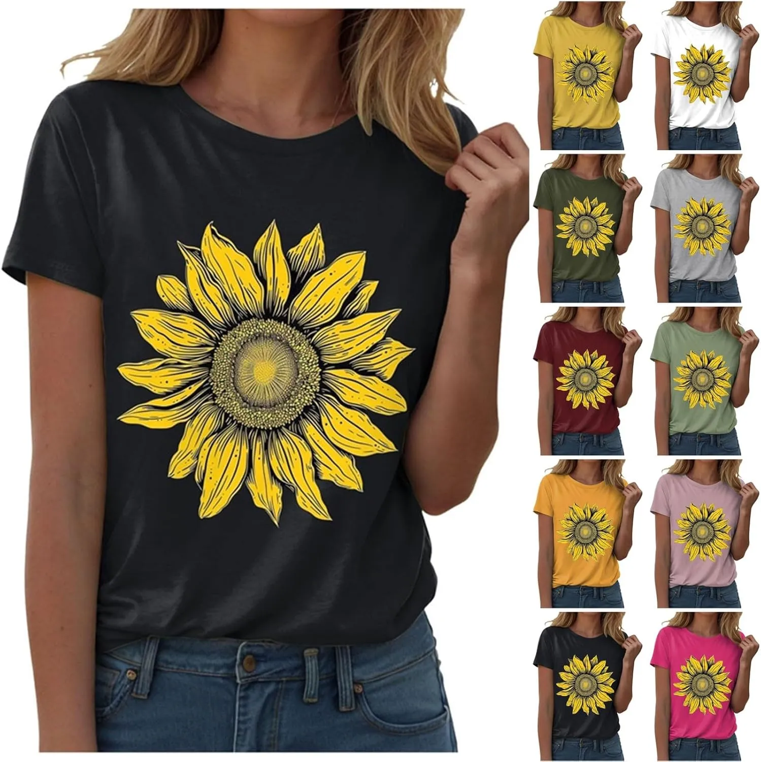Summer Tops for Women 2025 Sunflower T Shirt Flower Graphic Loose Fit Classic Crewneck Short Sleeve Tops