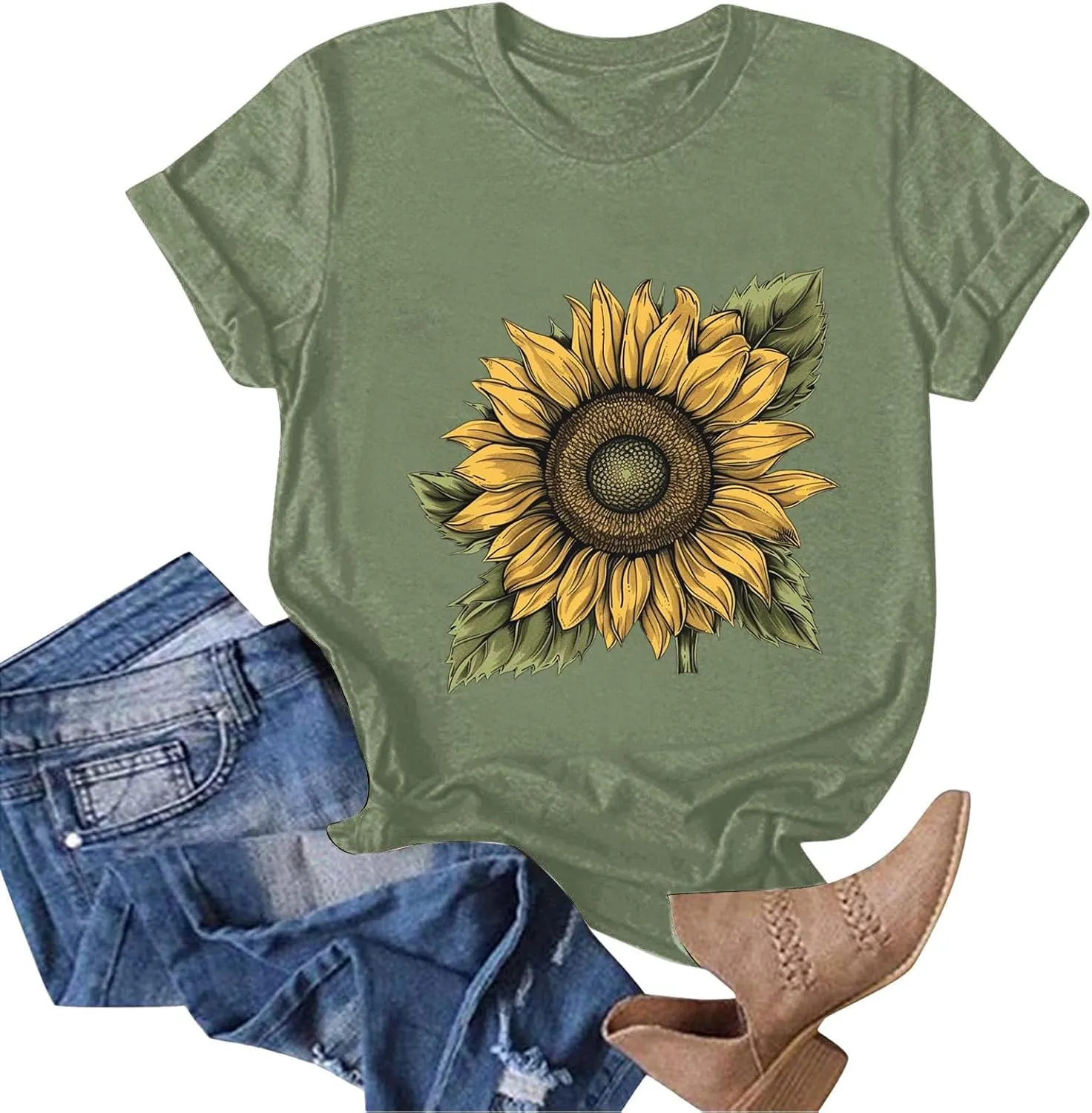 Summer Tops for Women 2025 Sunflower T Shirt Flower Graphic Loose Fit Classic Crewneck Short Sleeve Tops