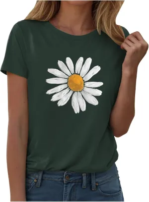 Summer Tops for Women 2025 Trendy Casual Round Neck Short Sleeve Blouses Floral Print Vintage Tee Shirts