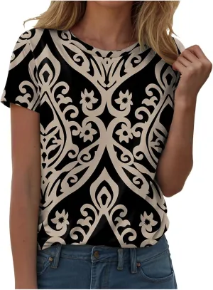 Summer Tops for Women 2025 Trendy Cute Floral Print Tee Shirts Casual Short Sleeve Crewneck Tee Blouses