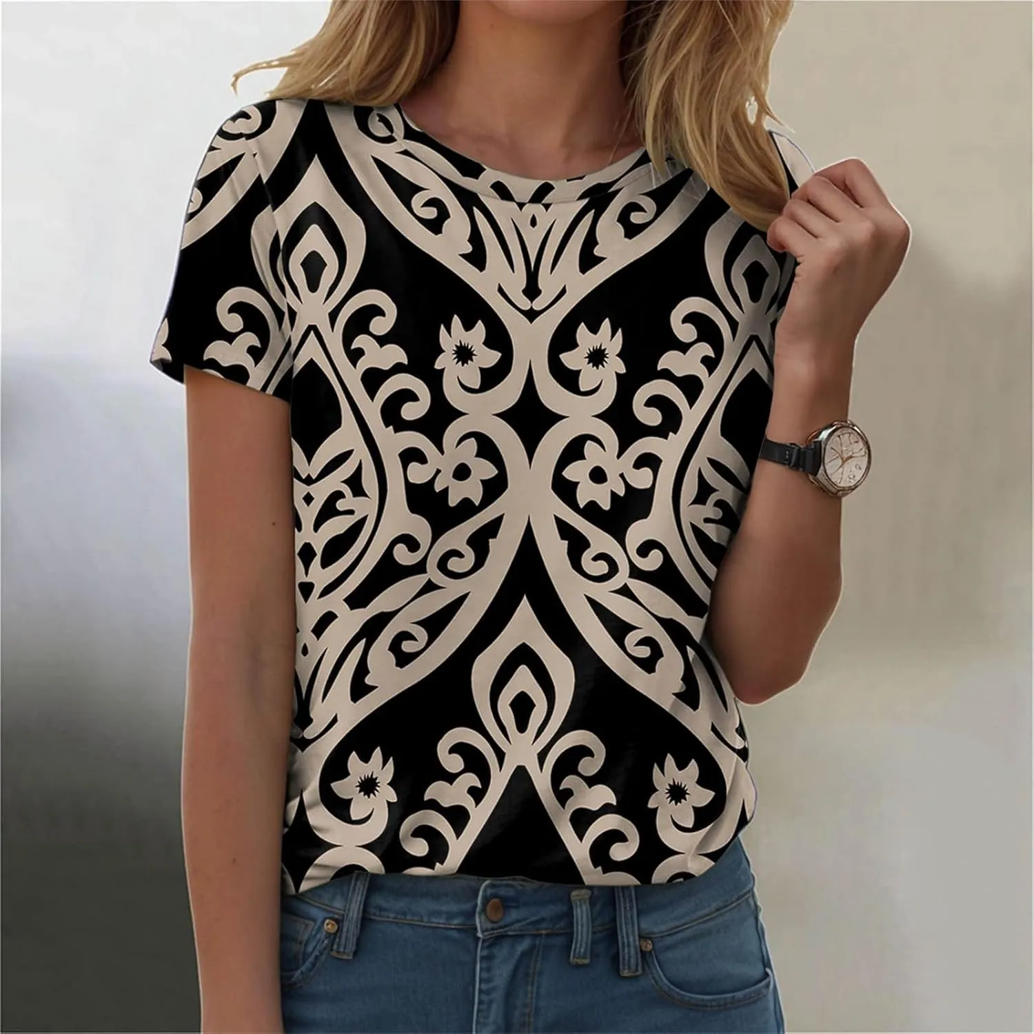 Summer Tops for Women 2025 Trendy Cute Floral Print Tee Shirts Casual Short Sleeve Crewneck Tee Blouses