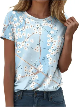 Summer Tops for Women 2025 Trendy Cute Floral Print Tee Shirts Casual Short Sleeve Crewneck Tee Blouses