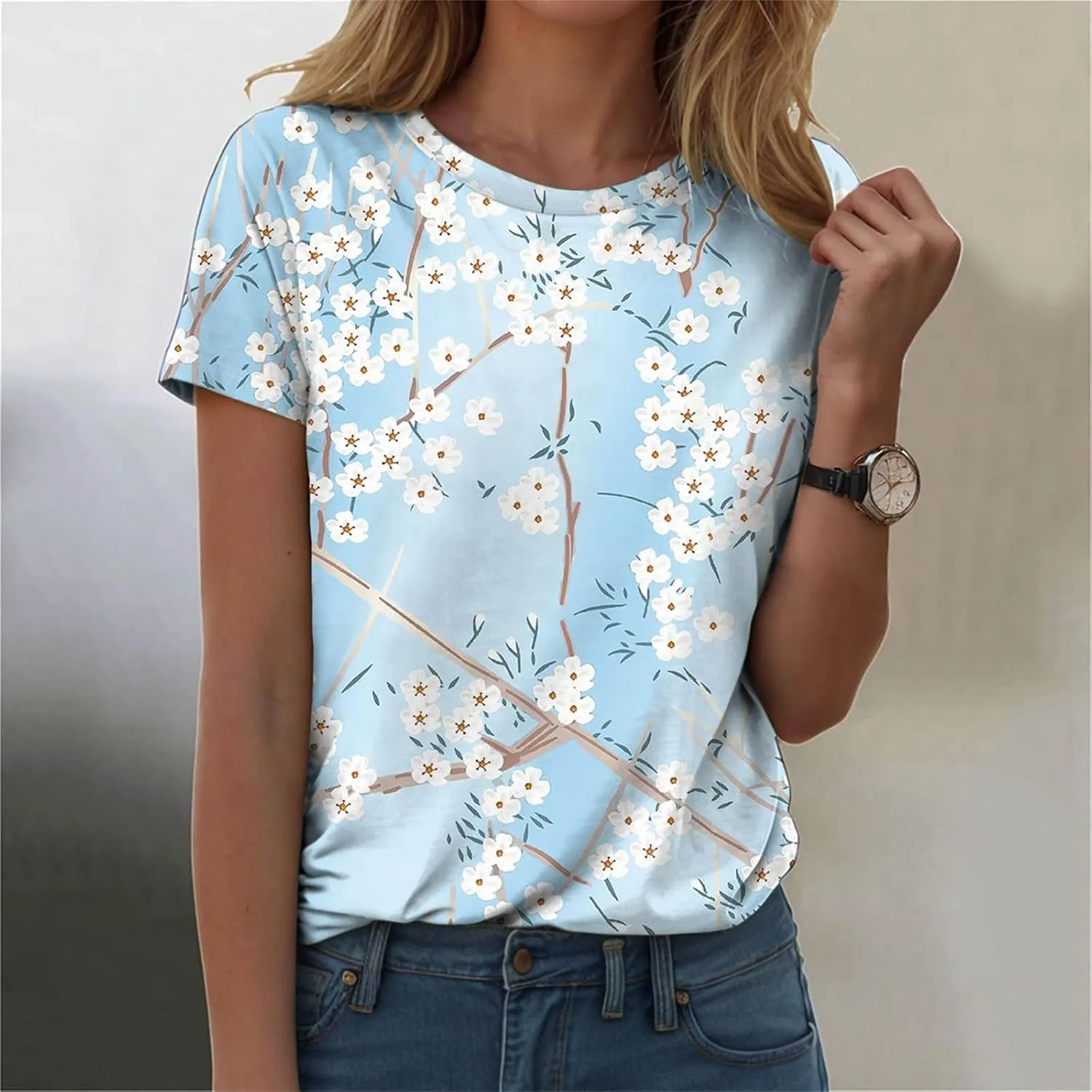 Summer Tops for Women 2025 Trendy Cute Floral Print Tee Shirts Casual Short Sleeve Crewneck Tee Blouses