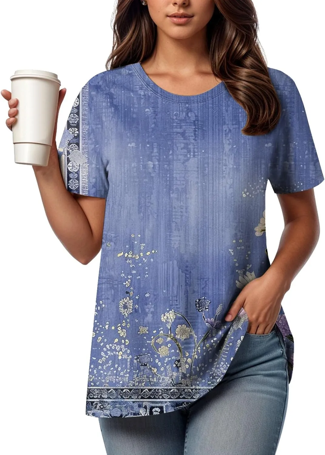 Summer Tops for Women 2025 Trendy Floral Pattern T-Shirts Crew Neck Short Sleeve Blouses Casual Loose Fit Outfits