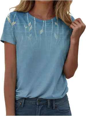 Summer Tops for Women 2025 Trendy Floral Pattern T-Shirts Crew Neck Short Sleeve Blouses Casual Loose Fit Outfits