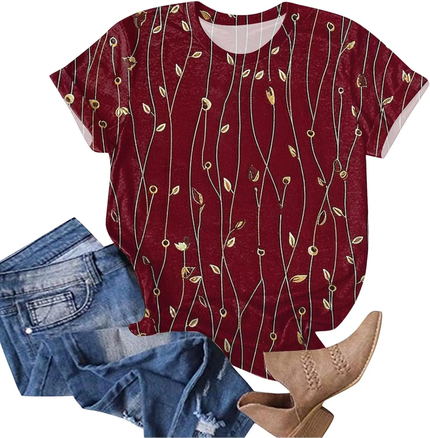 Summer Tops for Women 2025 Trendy Floral Pattern T-Shirts Crew Neck Short Sleeve Blouses Casual Loose Fit Outfits