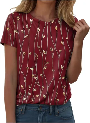 Summer Tops for Women 2025 Trendy Floral Pattern T-Shirts Crew Neck Short Sleeve Blouses Casual Loose Fit Outfits