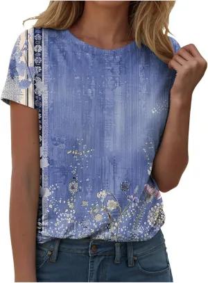 Summer Tops for Women 2025 Trendy Floral Pattern T-Shirts Crew Neck Short Sleeve Blouses Casual Loose Fit Outfits