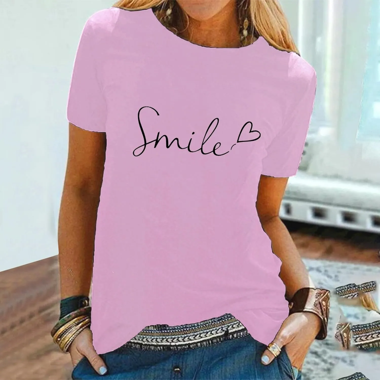 Summer Tops for Women 2025 Trendy Short Sleeve Blouses Round Neck Printed Pullover Casual Plus Size T Shirts