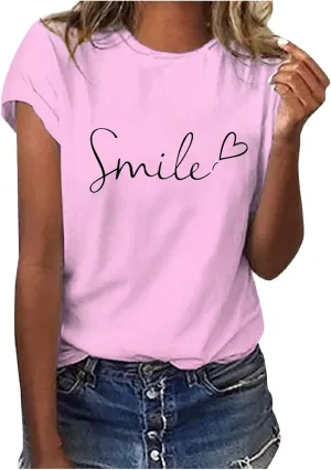 Summer Tops for Women 2025 Trendy Short Sleeve Blouses Round Neck Printed Pullover Casual Plus Size T Shirts