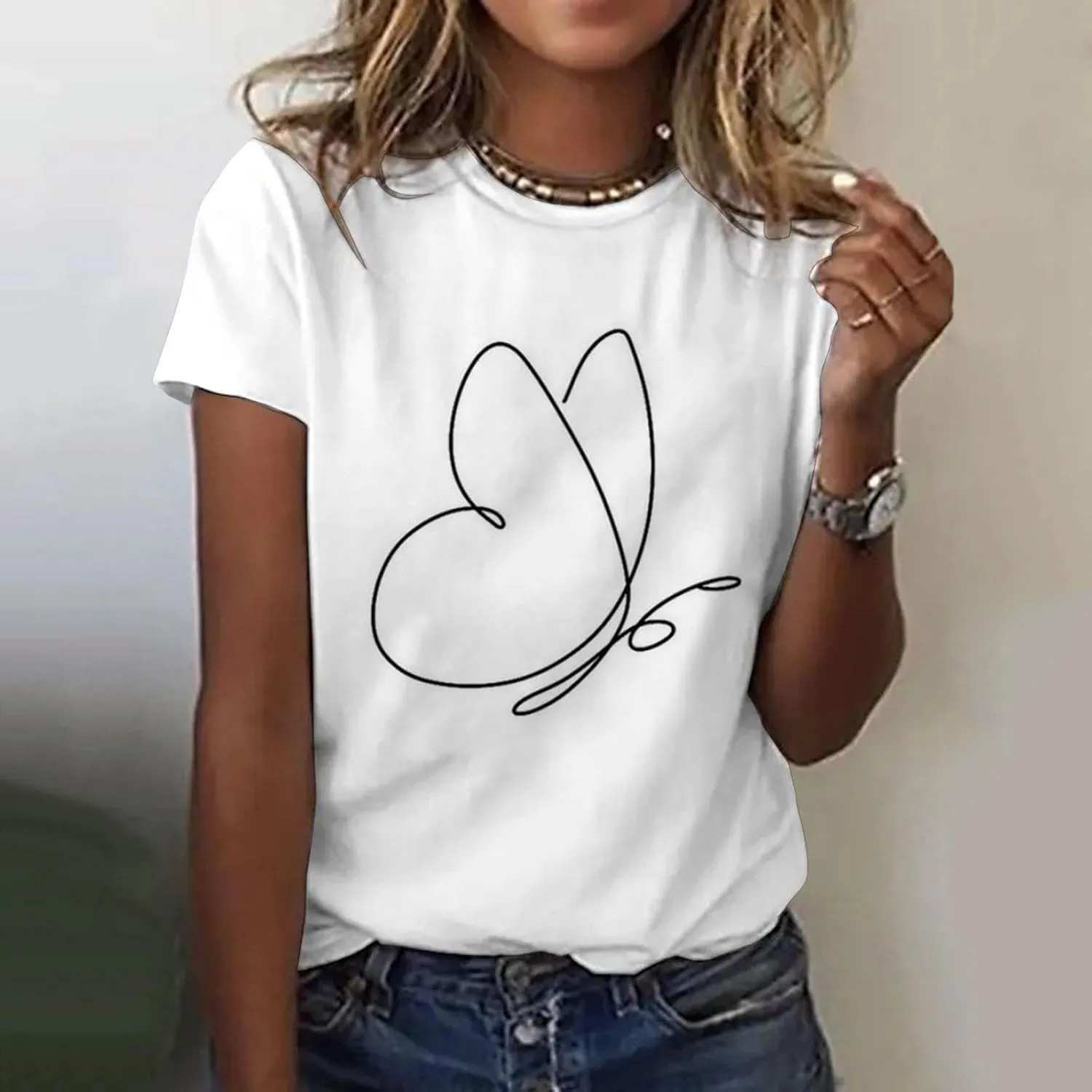 Summer Tops for Women 2025 Trendy Short Sleeve Blouses Round Neck Printed Pullover Casual Plus Size T Shirts