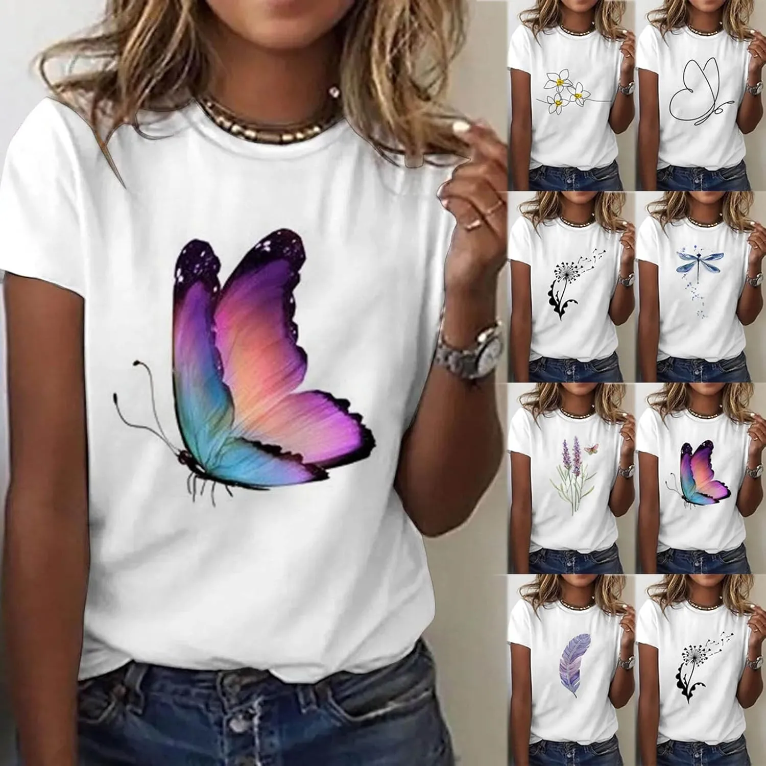 Summer Tops for Women 2025 Trendy Short Sleeve Blouses Round Neck Printed Pullover Casual Plus Size T Shirts