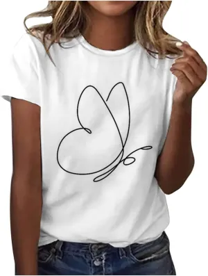 Summer Tops for Women 2025 Trendy Short Sleeve Blouses Round Neck Printed Pullover Casual Plus Size T Shirts