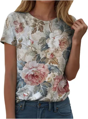 Summer Tops for Women 2025 Trendy Short Sleeve Boho Shirts Retro Floral Plus Size Casual Crewneck Tshirt