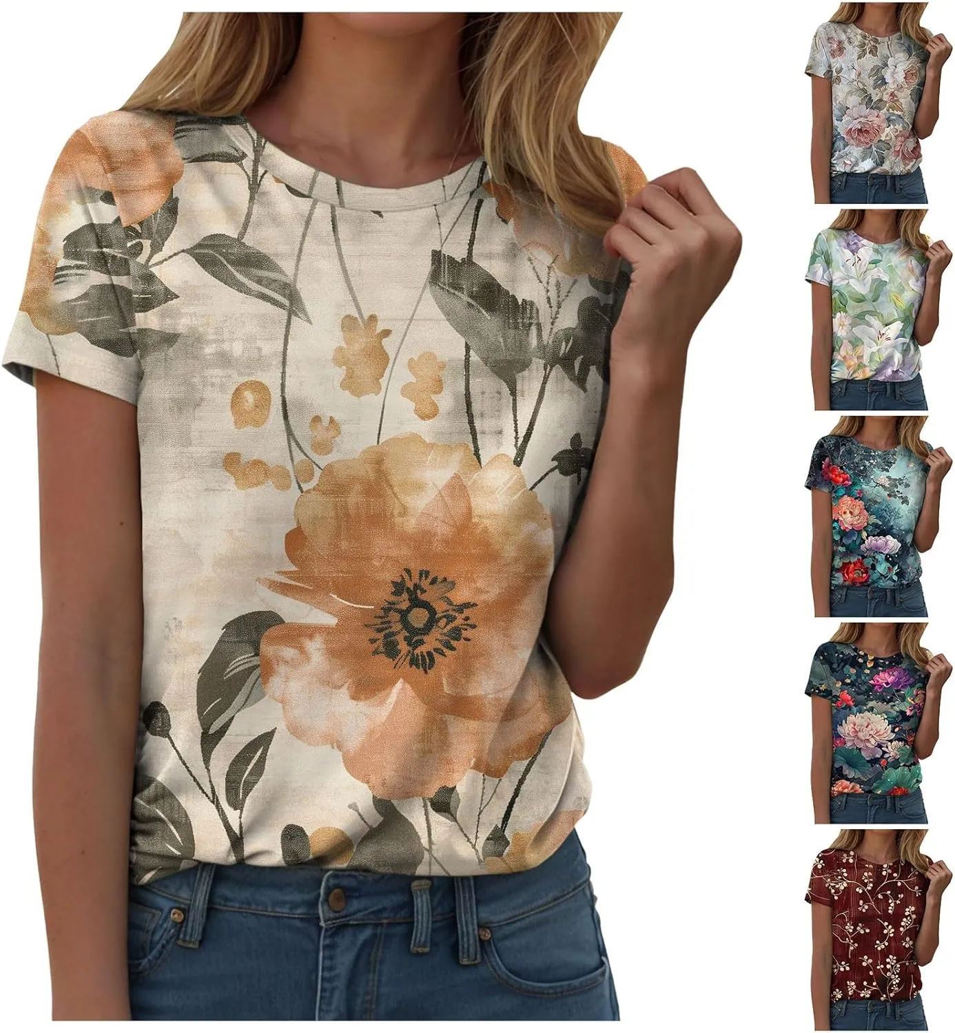 Summer Tops for Women 2025 Trendy Short Sleeve Boho Shirts Retro Floral Plus Size Casual Crewneck Tshirt