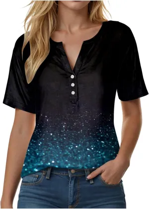 Summer Tops for Women 2025 Trendy Vacation Short Sleeve Button V Neck T Shirt Boho Casual Fashion Spring Clothes