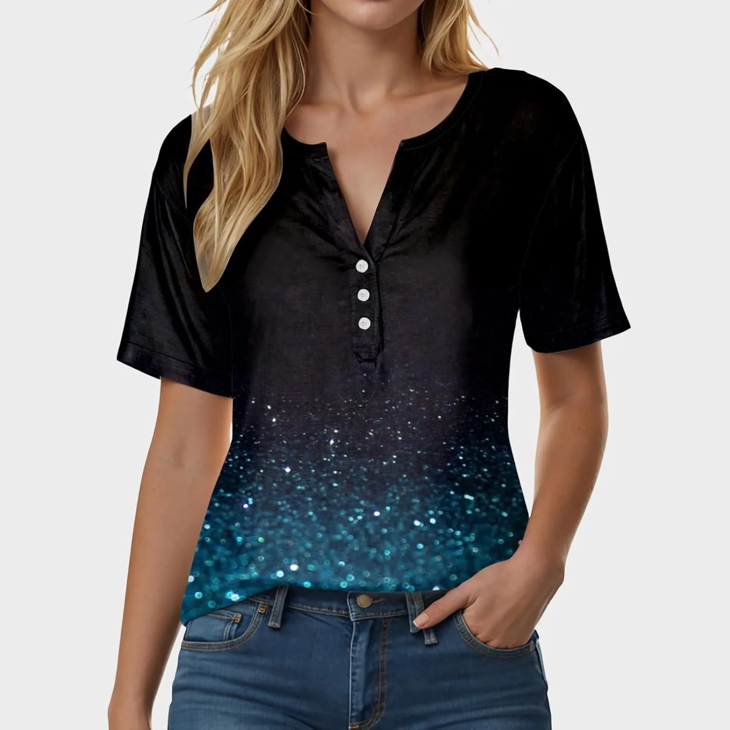 Summer Tops for Women 2025 Trendy Vacation Short Sleeve Button V Neck T Shirt Boho Casual Fashion Spring Clothes