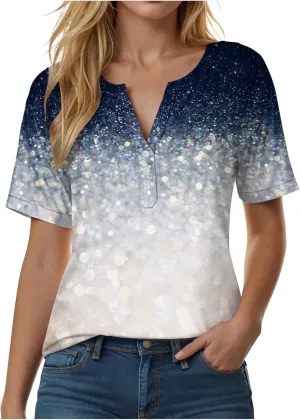 Summer Tops for Women 2025 Trendy Vacation Short Sleeve Button V Neck T Shirt Boho Casual Fashion Spring Clothes