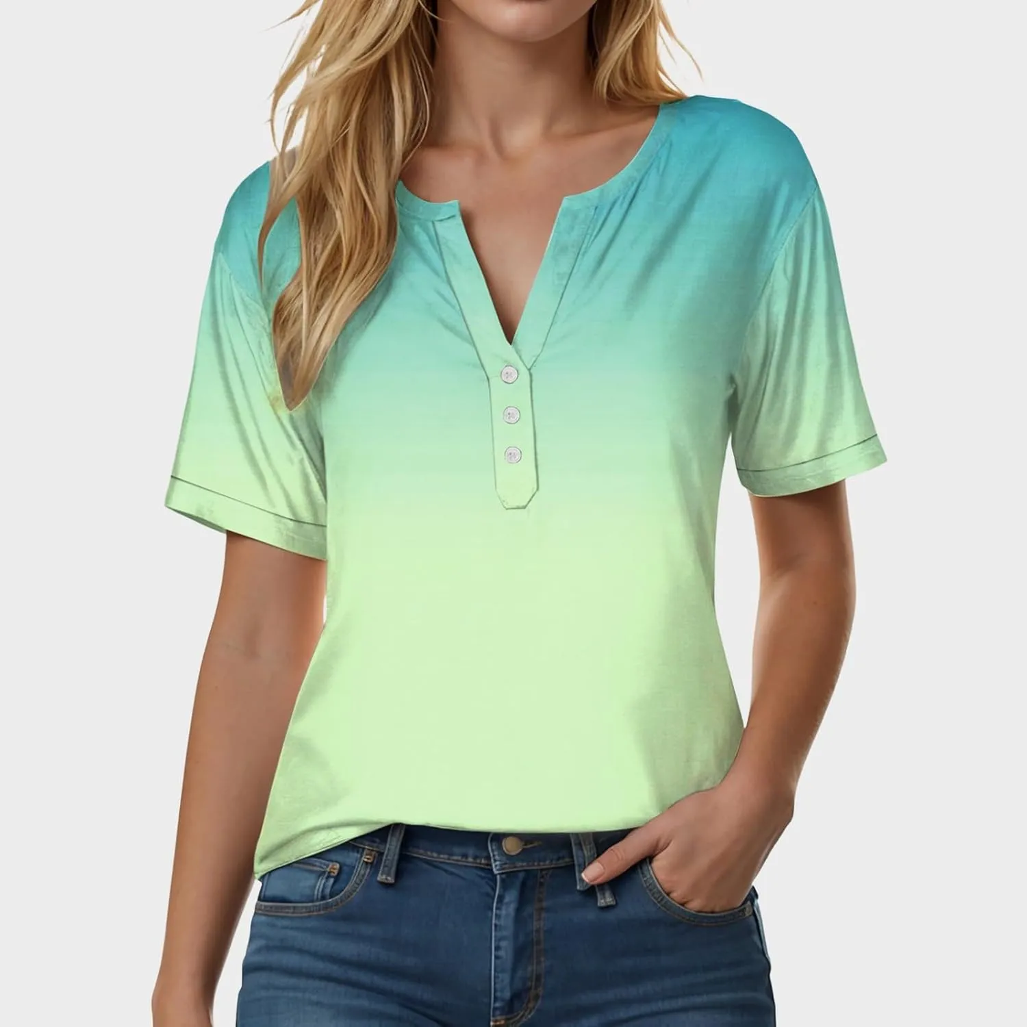Summer Tops for Women 2025 Trendy Vacation Short Sleeve Button Vneck Shirt Loose Fitted Boho Graphic Tee Fashion