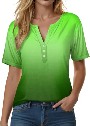 Summer Tops for Women 2025 Trendy Vacation Short Sleeve Button Vneck Shirt Loose Fitted Boho Graphic Tee Fashion