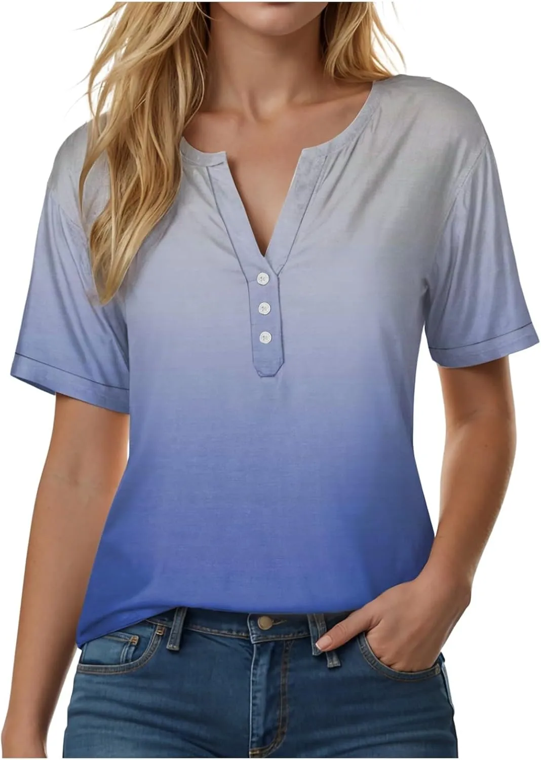 Summer Tops for Women 2025 Trendy Vacation Short Sleeve Button Vneck Shirt Loose Fitted Boho Graphic Tee Fashion