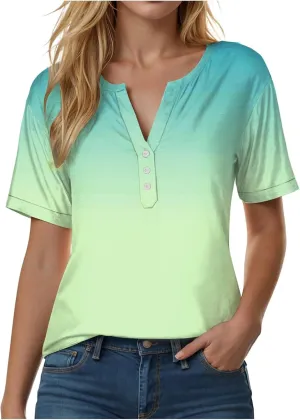 Summer Tops for Women 2025 Trendy Vacation Short Sleeve Button Vneck Shirt Loose Fitted Boho Graphic Tee Fashion