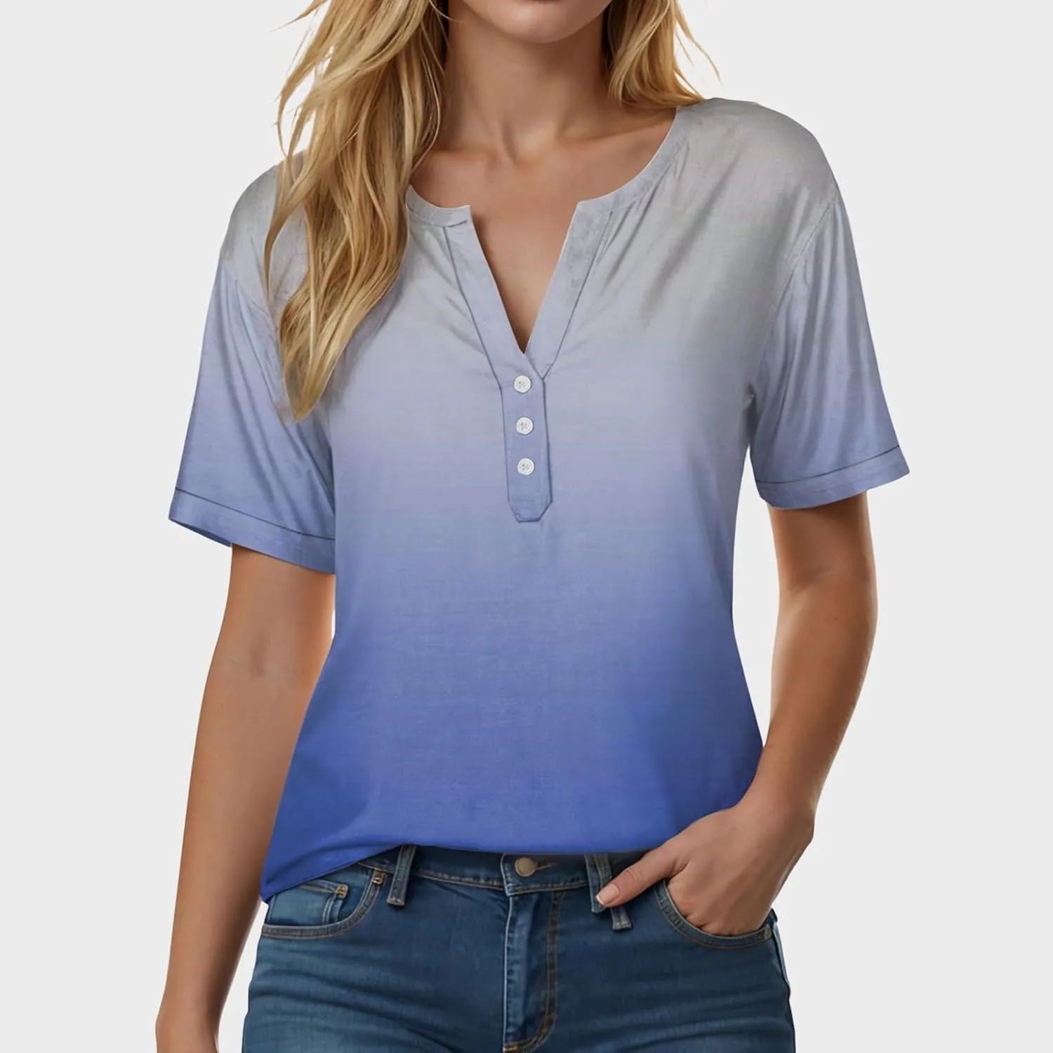 Summer Tops for Women 2025 Trendy Vacation Short Sleeve Button Vneck Shirt Loose Fitted Boho Graphic Tee Fashion