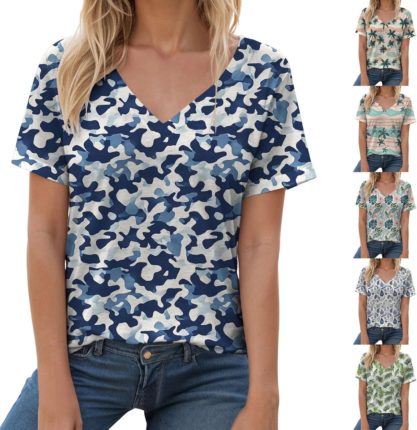 Summer Tops for Women 2025 Tunic Casual Short Sleeve V Neck Blouse Tshirts Floral Print Soft Comfy Tops