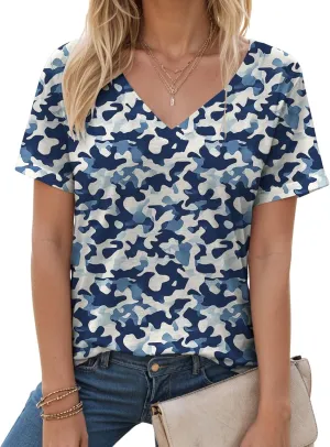 Summer Tops for Women 2025 Tunic Casual Short Sleeve V Neck Blouse Tshirts Floral Print Soft Comfy Tops