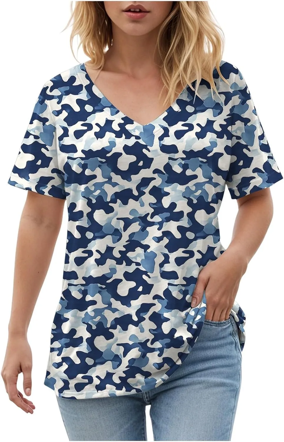Summer Tops for Women 2025 Tunic Casual Short Sleeve V Neck Blouse Tshirts Floral Print Soft Comfy Tops