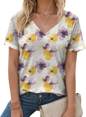 Summer Tops for Women 2025 V Neck Short Sleeve Shirts Trendy Dressy Casual Vacation Outfits Printed Shirts