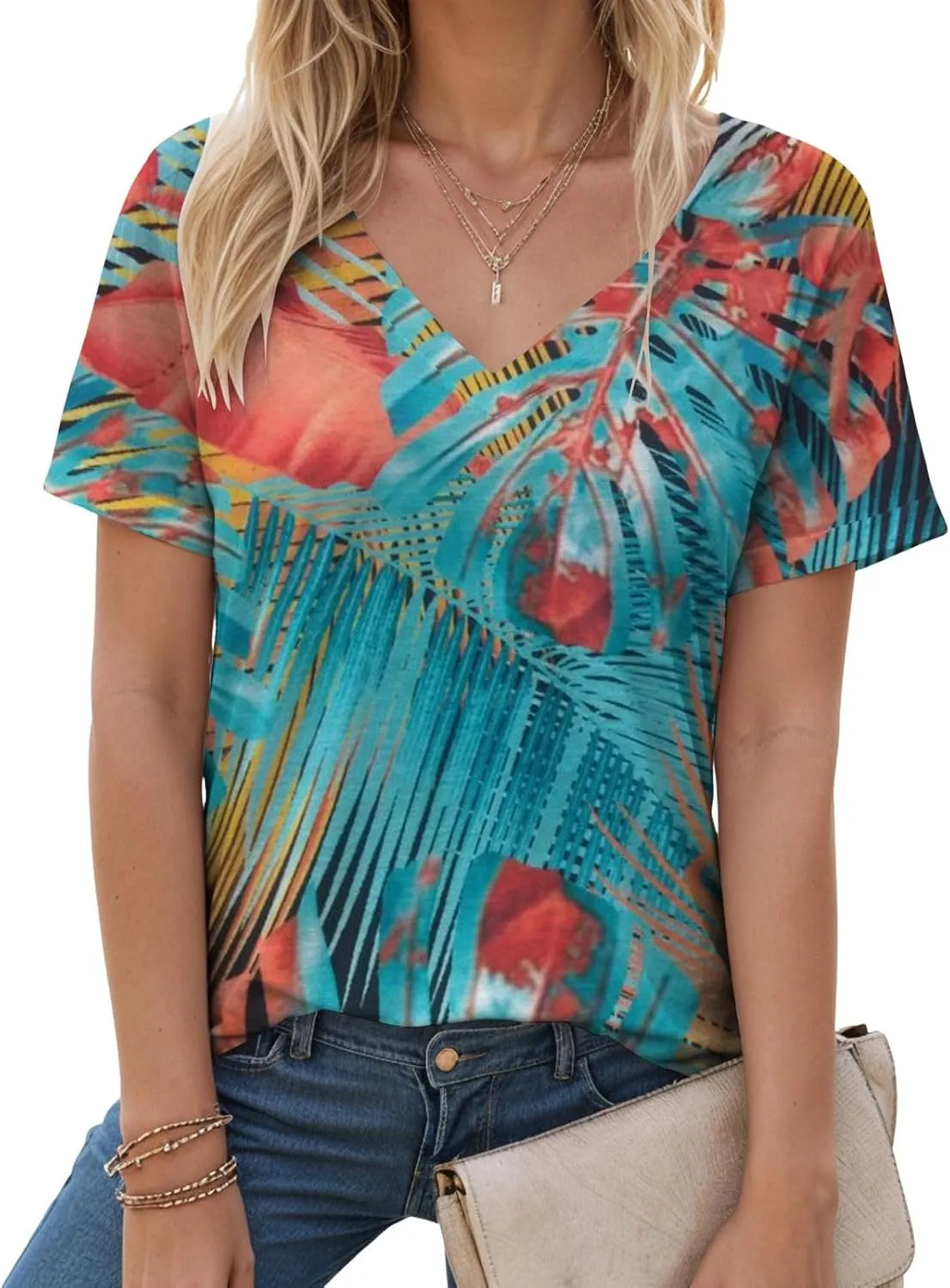 Summer Tops for Women 2025 V Neck Short Sleeve Shirts Trendy Dressy Casual Vacation Outfits Printed Shirts