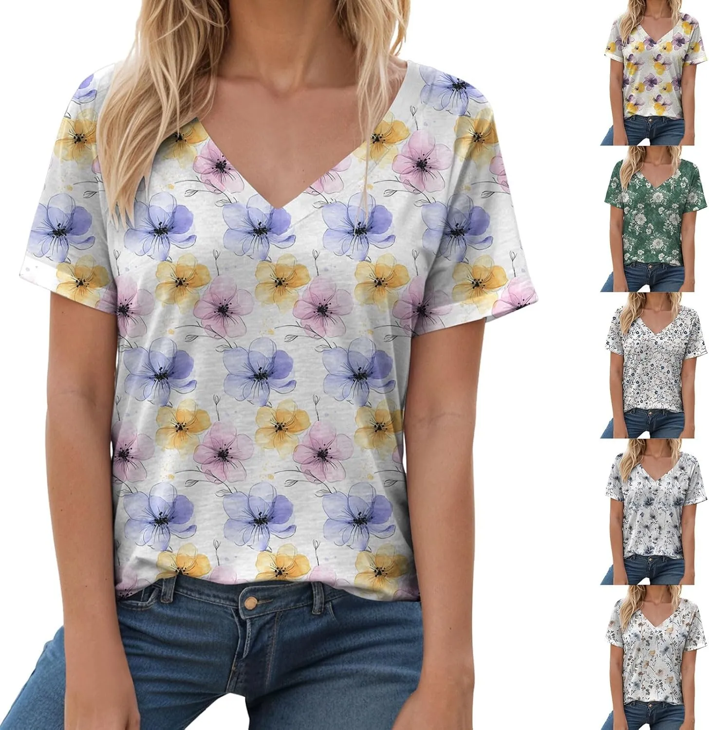 Summer Tops for Women 2025 V Neck Short Sleeve Shirts Trendy Dressy Casual Vacation Outfits Printed Shirts
