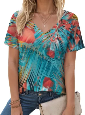 Summer Tops for Women 2025 V Neck Short Sleeve Shirts Trendy Dressy Casual Vacation Outfits Printed Shirts