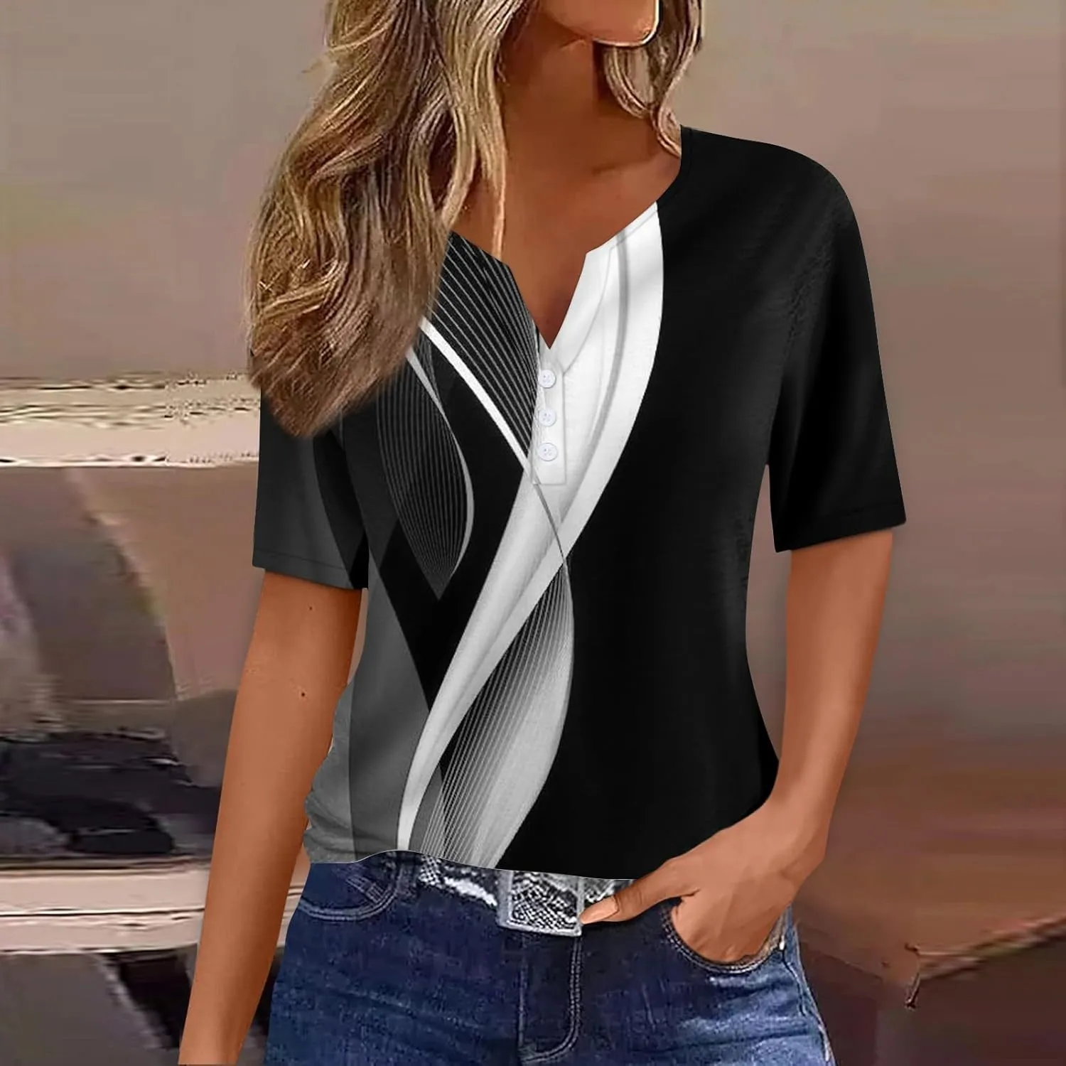 Summer Tops for Women 2025 Vacation Trendy V Neck Boho Short Sleeve Shirts Casual Loose Comfy Tunics Blouses