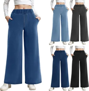 Sweatpant Jeans Women Mid Rise Elastic Waist Y2k Baggy Wide Leg Jeans Casual Loose Denim Trousers Pants with Pockets