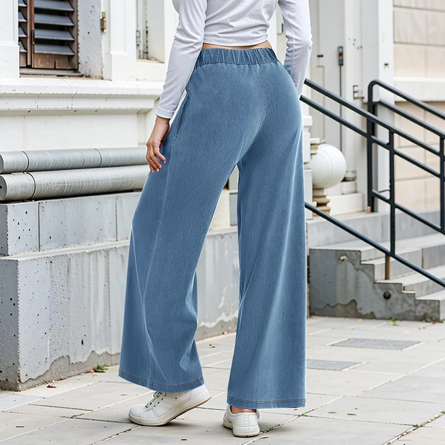 Sweatpant Jeans Women Mid Rise Elastic Waist Y2k Baggy Wide Leg Jeans Casual Loose Denim Trousers Pants with Pockets