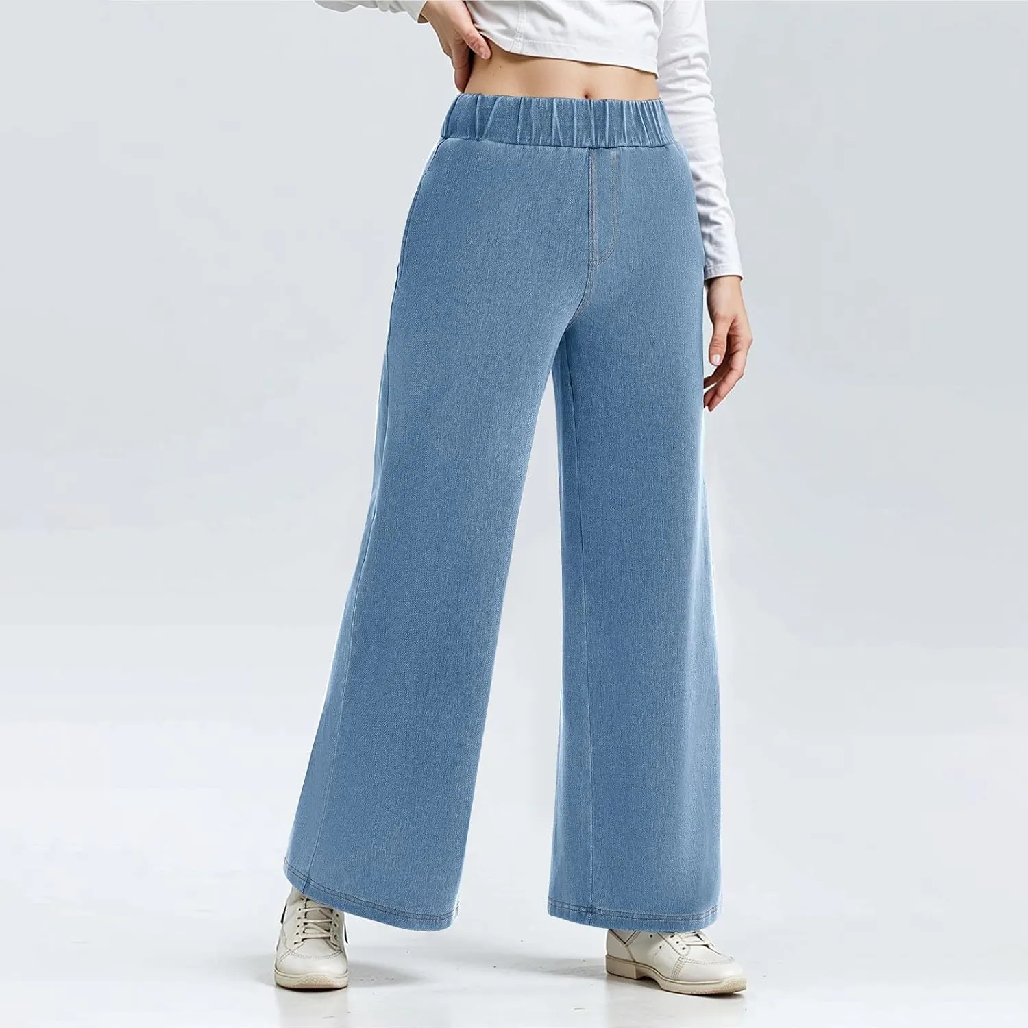 Sweatpant Jeans Women Mid Rise Elastic Waist Y2k Baggy Wide Leg Jeans Casual Loose Denim Trousers Pants with Pockets