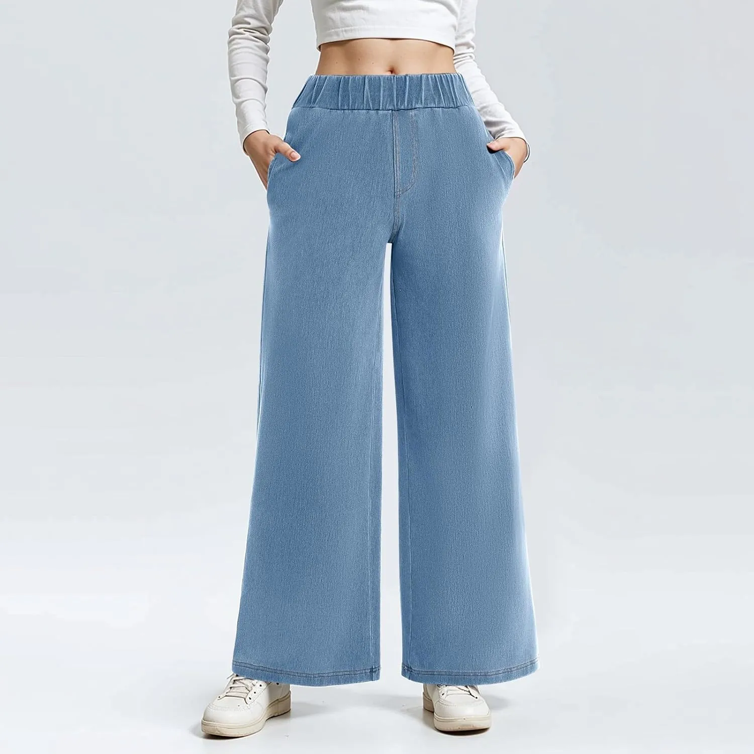 Sweatpant Jeans Women Mid Rise Elastic Waist Y2k Baggy Wide Leg Jeans Casual Loose Denim Trousers Pants with Pockets