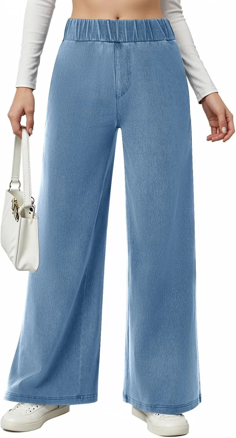 Sweatpant Jeans Women Mid Rise Elastic Waist Y2k Baggy Wide Leg Jeans Casual Loose Denim Trousers Pants with Pockets