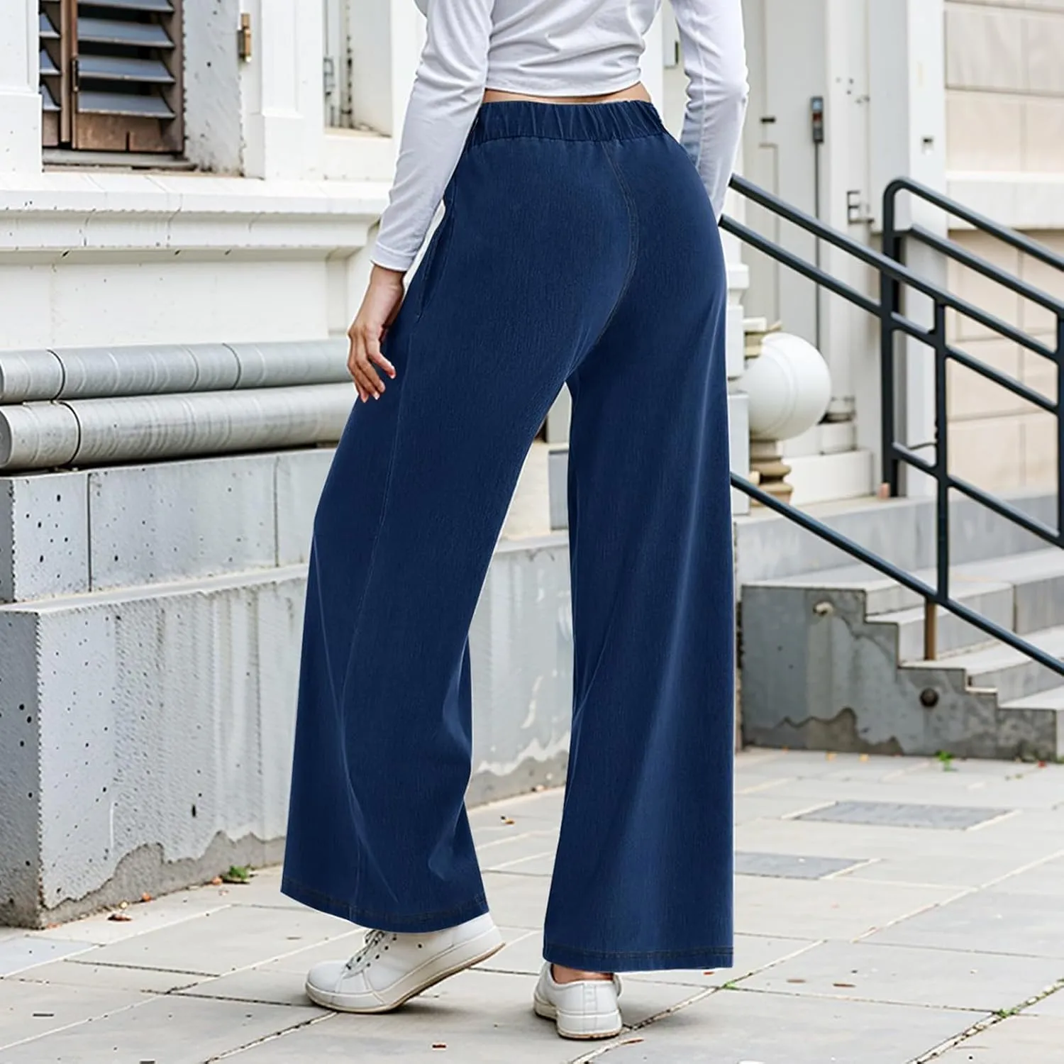 Sweatpant Jeans Women Mid Rise Elastic Waist Y2k Baggy Wide Leg Jeans Casual Loose Denim Trousers Pants with Pockets