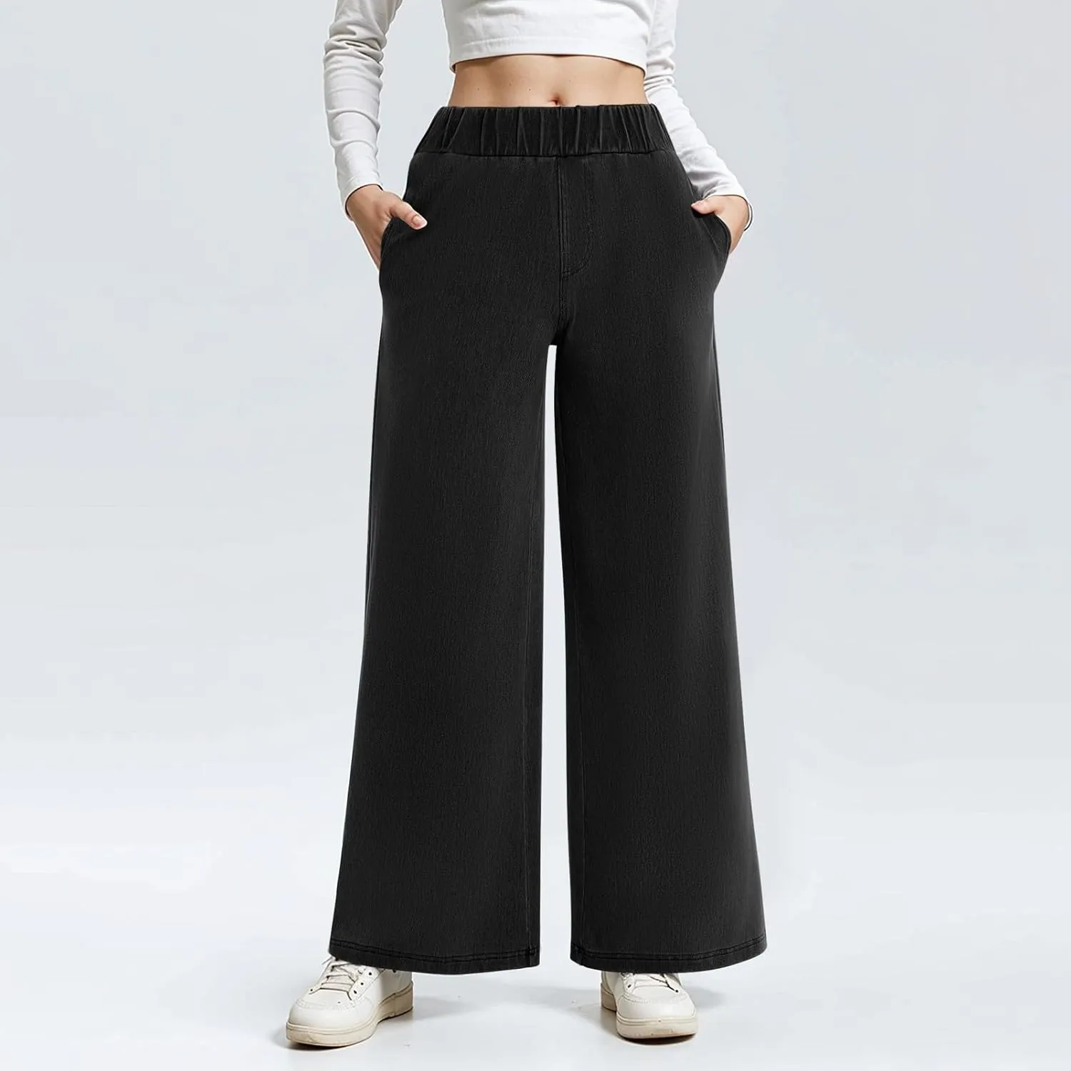 Sweatpant Jeans Women Mid Rise Elastic Waist Y2k Baggy Wide Leg Jeans Casual Loose Denim Trousers Pants with Pockets