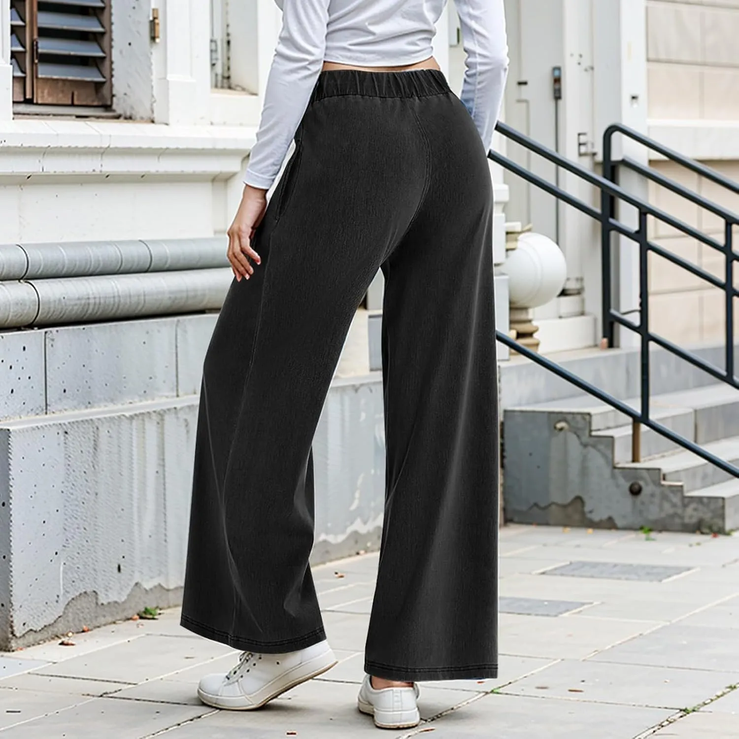 Sweatpant Jeans Women Mid Rise Elastic Waist Y2k Baggy Wide Leg Jeans Casual Loose Denim Trousers Pants with Pockets