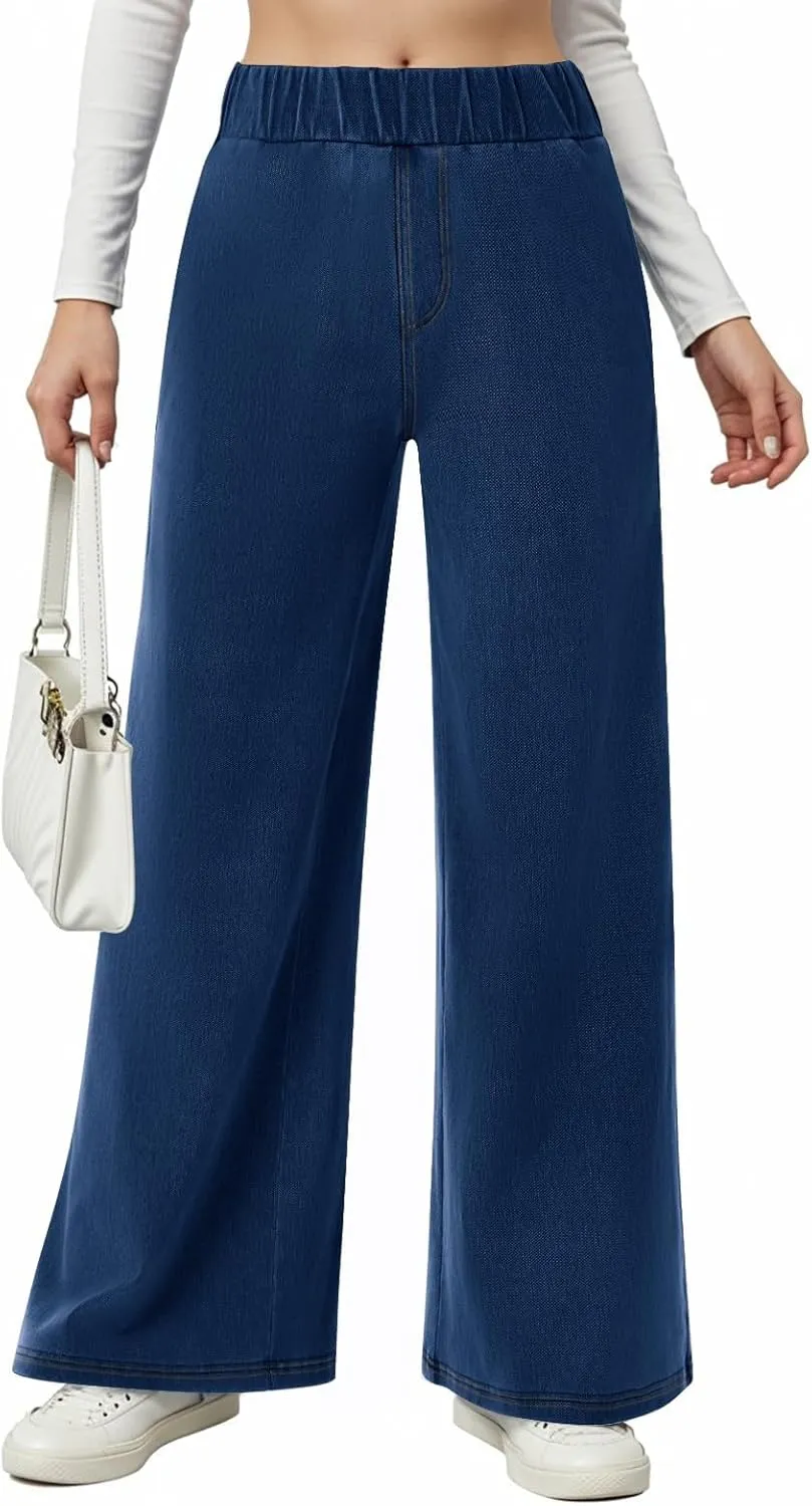 Sweatpant Jeans Women Mid Rise Elastic Waist Y2k Baggy Wide Leg Jeans Casual Loose Denim Trousers Pants with Pockets