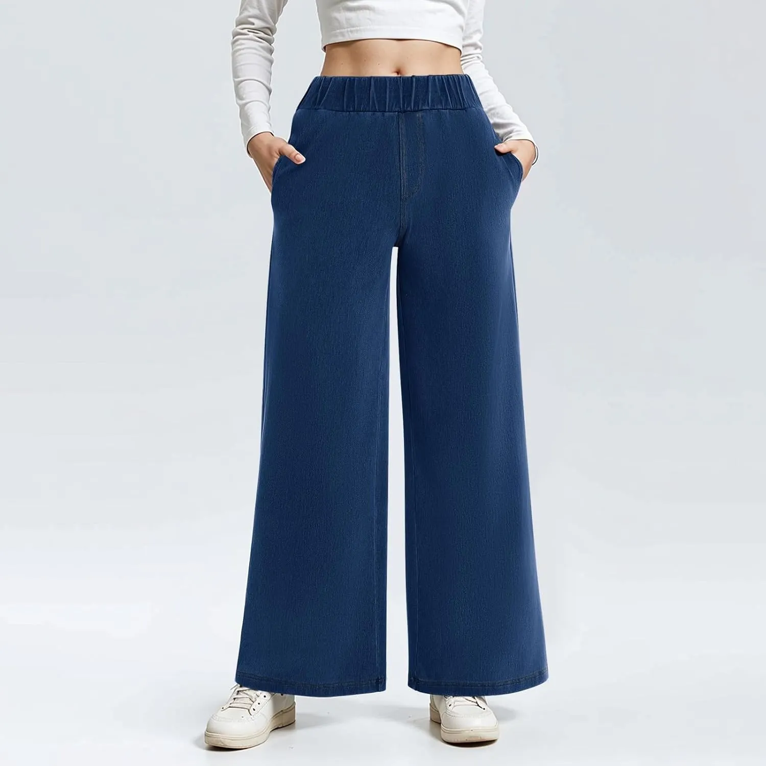 Sweatpant Jeans Women Mid Rise Elastic Waist Y2k Baggy Wide Leg Jeans Casual Loose Denim Trousers Pants with Pockets