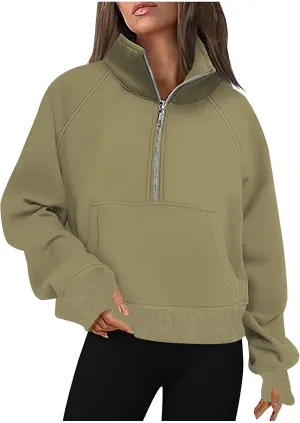 Sweatshirt For Women Half Zip Cropped Pullover With Thumb Hole Fleece Quarter Zipper Hoodies Oversized Sweatshirts